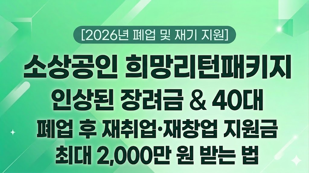 [2026년 폐업 및 재기 지원] 소상공인 희망리턴패키지 폐업 후 재취업 재창업 지원금 최대 2,000만 원 받는 법